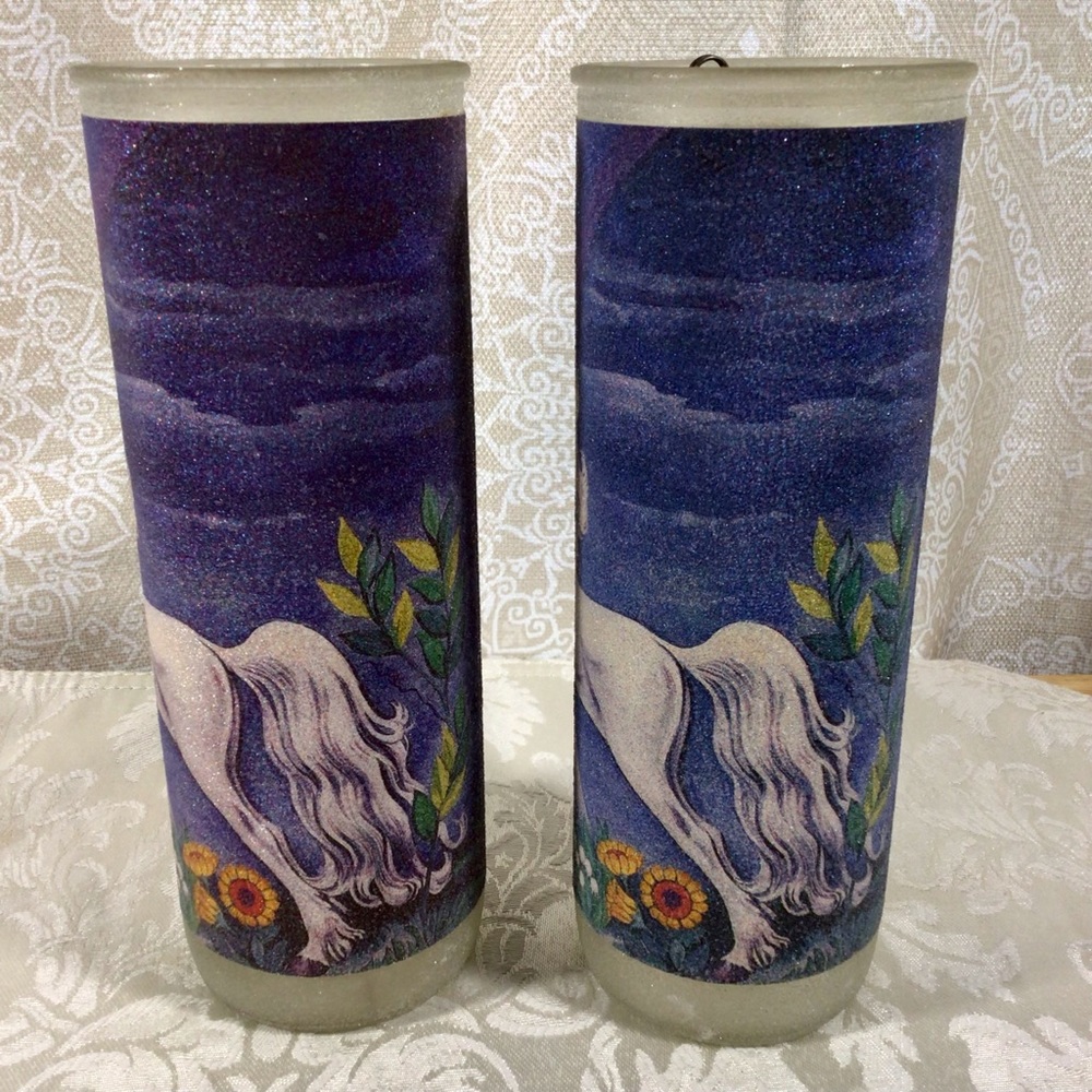 Vintage Unicorn Sugar Beaded Glass Pillar Candles - Set of 2 - Picture 4 of 7